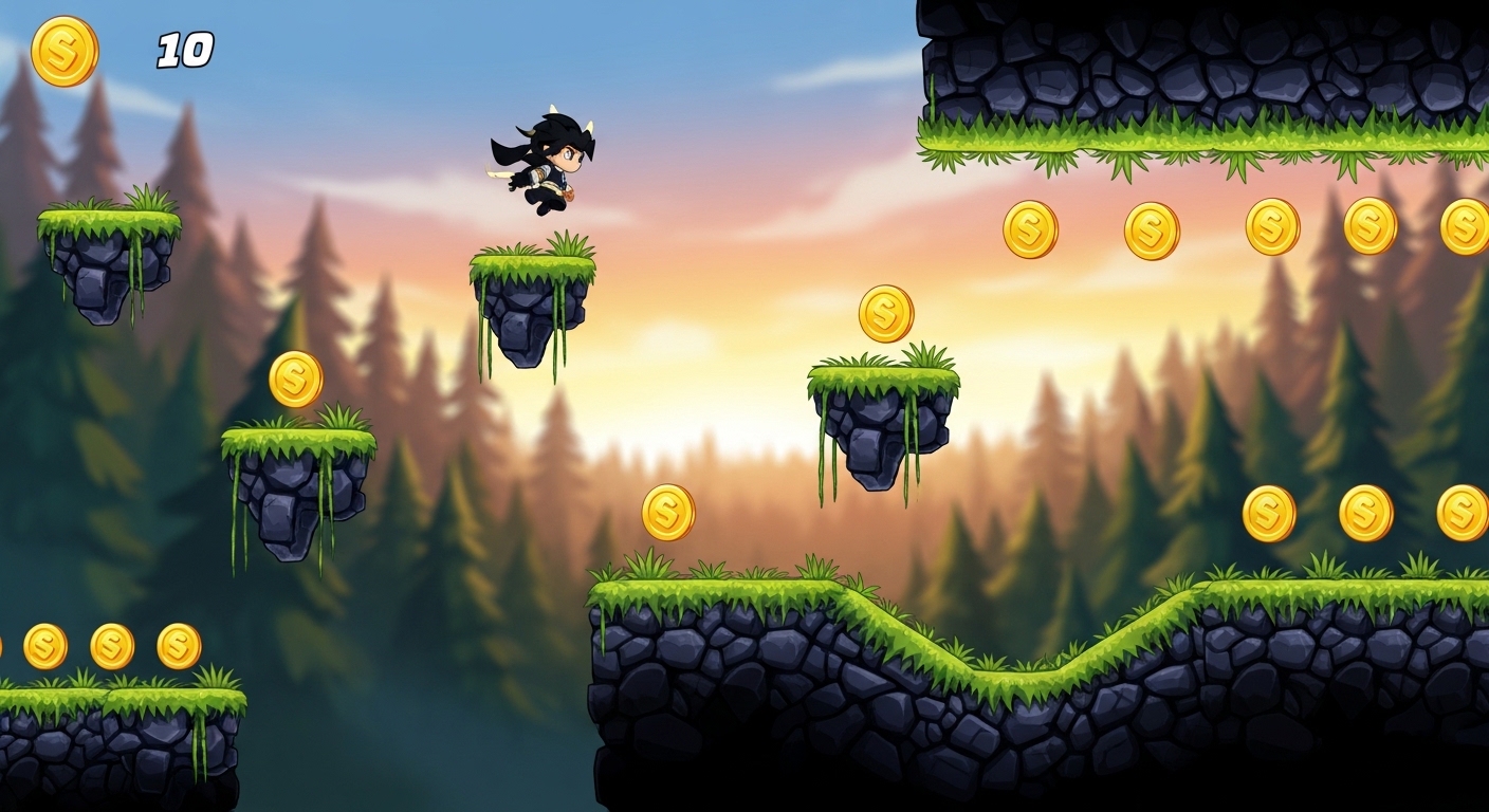A classic level layout from popular platformer games featuring a character jumping